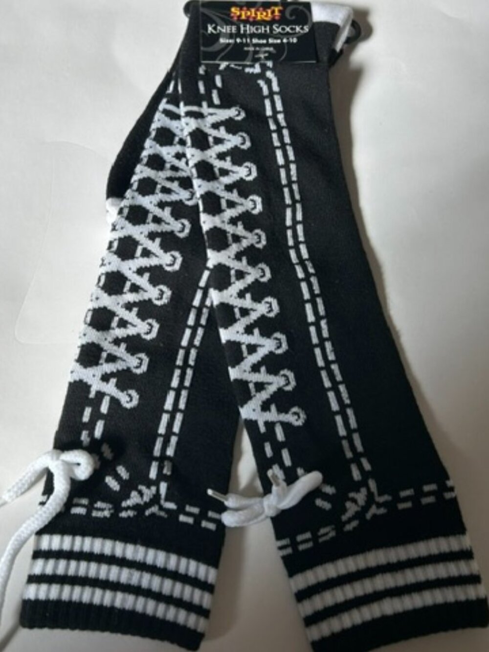 New Spirit Halloween Knee High Socks Black Shoe Lace with Tie Sz 9-11 Shoe 4-10